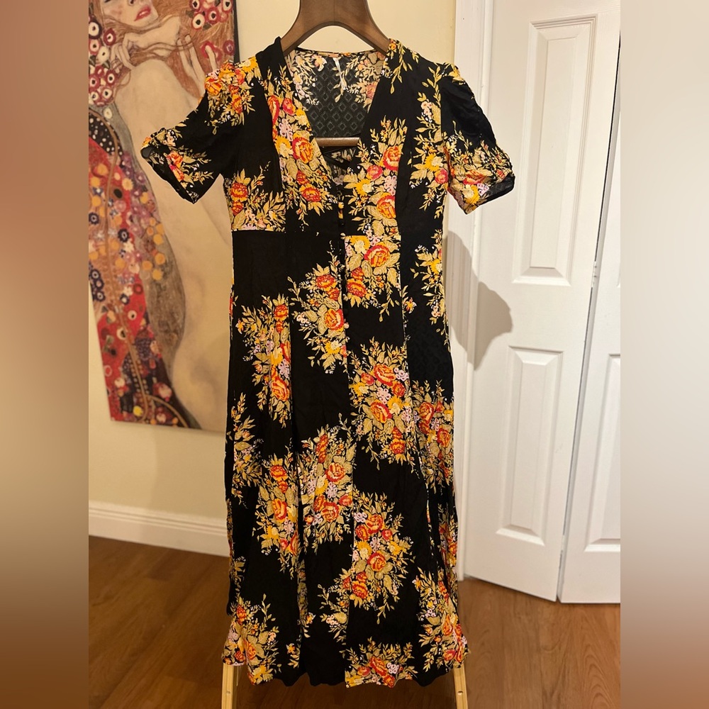 Free People Orange and Yellow Midi Sundress with V-Neck